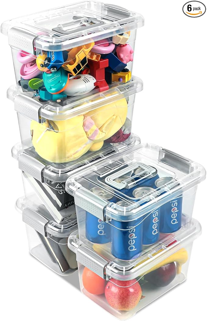 Plastic Storage Bins 7 Quart-Storage Organizer Bins with Grey Buckle Lids, Stackable Storage Bins with Lids for Home Office Kids Room Closet School Art Supplies Organization,6 Packs, Clear