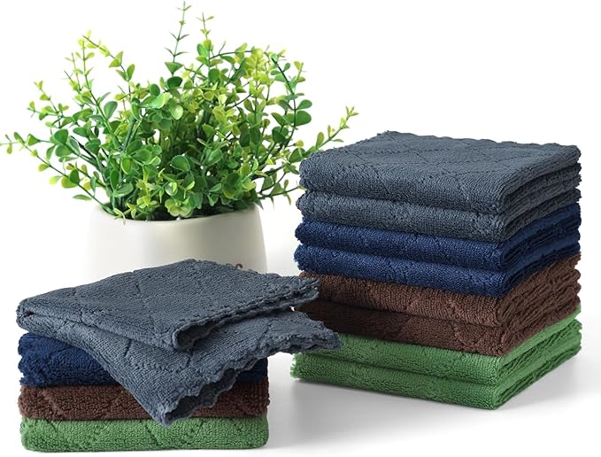 Homaxy 12 Pack Kitchen Dish Cloths, Super Soft and Absorbent Coral Velvet Dish Towels, Nonstick Oil Fast Drying Microfiber Cleaning Cloth, 10 x 10 inches, Navy Blue/Dark Grey/Brown/Grass Green