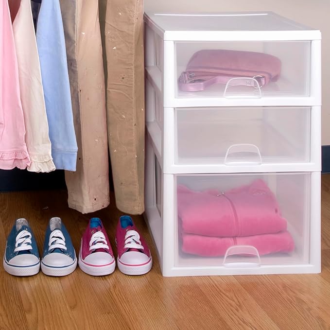 Sterilite 12-Pack 16 Quart Stacking Drawer, Clear Storage Closet Organizer, White Frame - Stackable Modular Plastic Drawers for Clothes, Accessories, Craft Supplies, Shoes or Linens