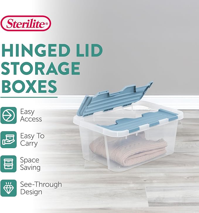 Sterilite 12 Pack Hinged Lid Storage Box, 20 Qt Plastic Container, Washed Blue - Home Organizer Tote for Storing Shoes, Crafts, Clothing, or Decor