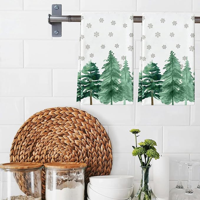 Christmas Kitchen Towels Set of 2 Green Xmas Tree Snowflake Dish Towel Tea Towels for Kitchen 16x28 Inch Absorbent Drying Cloth Cooking Baking Cleaning