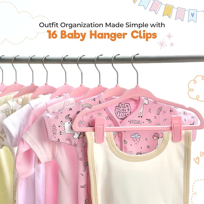 Velvet Baby Hangers with Clips (30 Pack) | 11” Ultra-Slim Baby Clothes Hangers | Non-Slip Felt | Space-Saving Nursery & Infant Closet Organizer | Pink