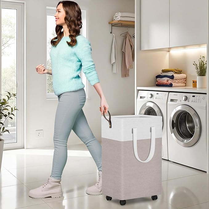 HomeHacks 75L Rolling Laundry Basket with Wheels, Collapsible & Waterproof Laundry Hamper, Mobile Clothes Hamper, Storage Laundry Bins with Handles for Laundry Room, Bedroom, Bathroom & Dor, Khaki