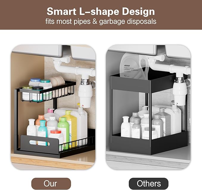 VUSIGN Under the Sink Organizer, 2-Tier Pull Out Cabinet Organizer, Metal Slide Out Storage for Bathroom Kitchen, 1 Pack, Black