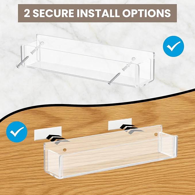 Acrylic Spice Racks for Wall Mount, 2-Pack Clear Cabinet Door Spice Rack with Nano Tape & Screws