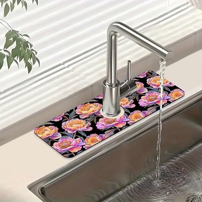 Colorful Peonies Sink Splash Guard Blooming Peonies Faucet Absorbing Mat Fast Drying Mat Sink Gadgets Splash Guard Behind Faucet Drip Catcher for Kitchen Bathroom, 15.5"x5.5"