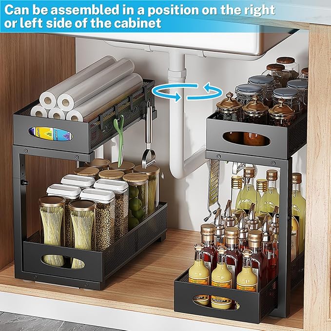 Under Sink Organizer 2 Tier, Pull Out Cabinet Storage with 5-Level Adjustable Height, Thickened Carbon Steel Sliding Under Cabinet Shelf for Kitchen, Bathroom, Laundry Room, Black