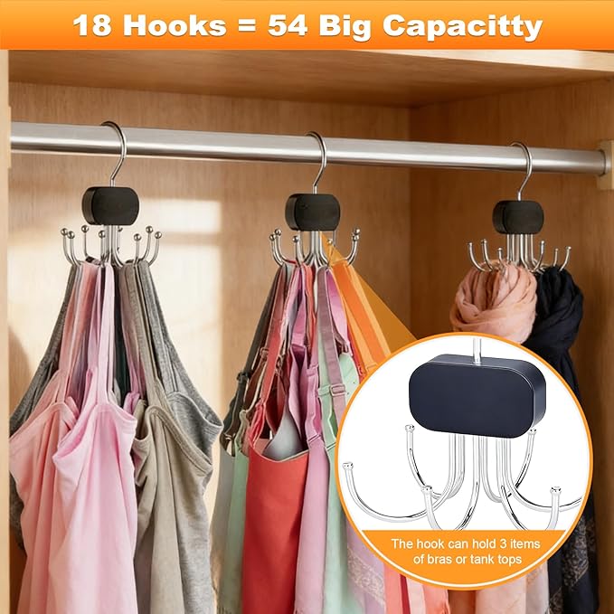 3 Pack Tank Top Hanger, Rotatable Bra Organzier for Closet, Bra Hanger for Closet Organizer, 360° Rotating & Foldable, Metal and Wood, Space-Saving Belt Hangers for Tank Tops, Belt, Tie (Black)