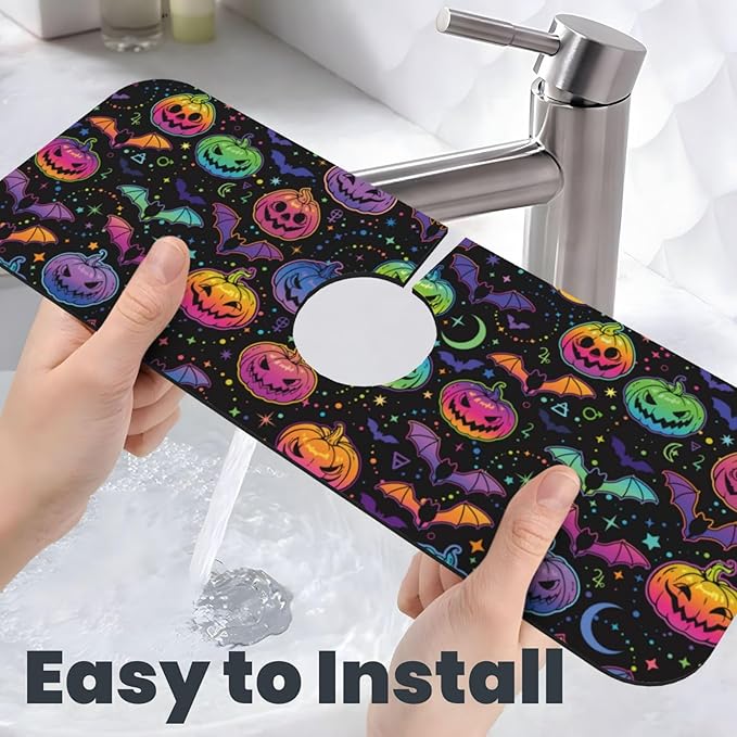 Halloween Pumpkin Bat Pumpkins Bats Kitchen Sink Splash Guard Faucet Mat Super Absorbent Fast Drying Mat Sink Gadgets-Fast Drying Pad Sink Mat For Kitchen Bathroom (15" X 5.5" )
