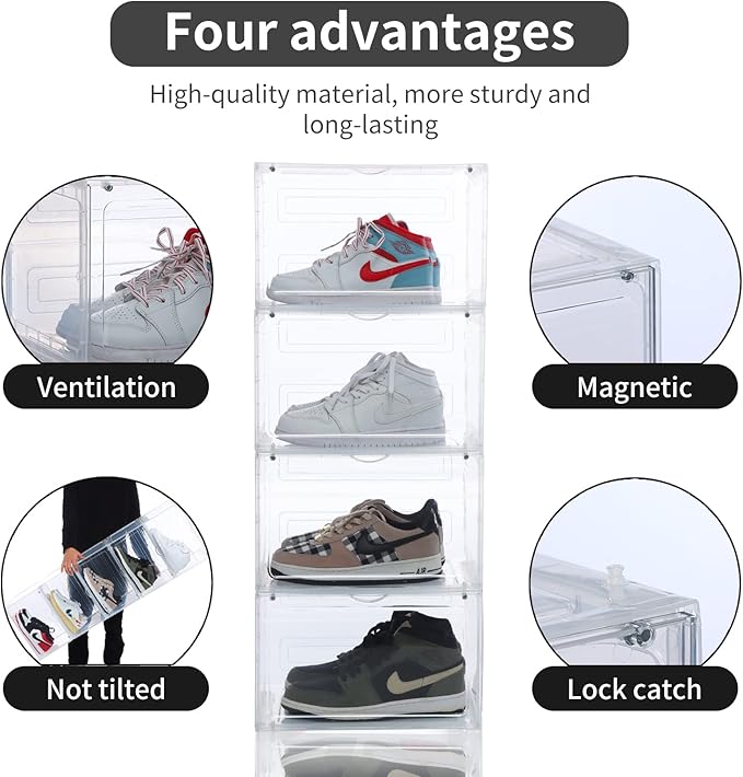 OMOPIN 6 Pack XL Shoe Storage Box Organizer,Drop Side Large Shoe Boxes Clear Plastic Stackable Container,Magnetic Sneaker Display Case, Fit up to US 13（13.4”x 10.6”x 8.3”(6 Pack Clear)