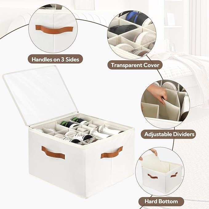 2 Pack Shoe Organizer for Closet, Foldable Shoe Storage Bins with Clear Cover and Adjustable Dividers, Fits up to 16 Pairs, Large Shoe Box Storage Containers with Reinforced Handles (Beige)