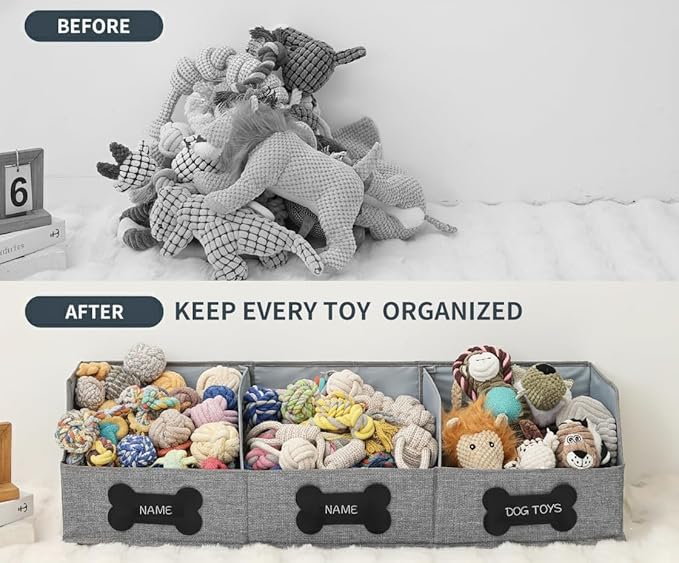 Qozary Large Dog Toy Basket with Diy Tag - Collapsible Dog Toy Bin, Fabric Personalized Pet Toy Box, Trapezoid Storage and Organizer for Pet Supplies