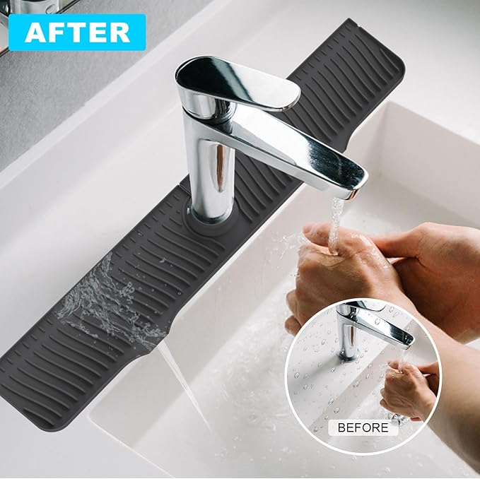 32"x 5.5" Sink Splash Guard Mat, Longer Silicone Faucet Splash Guard, Silicone Faucet Handle Drip Catcher Tray, Drip Protector Splash Countertop (Black)