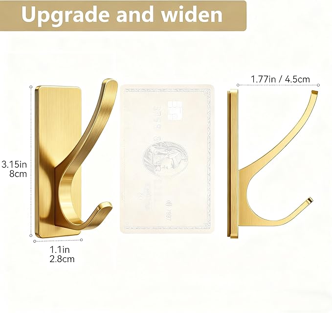 pickpiff Self Adhesive Coat Hooks for Hanging: Heavy Duty Stainless Wall Hook for Towel, Utensil, Backpack, Hat, Sturdy Metal Hanger for Bathroom, Kitchen, Door, 6-Pack, Brushed Gold