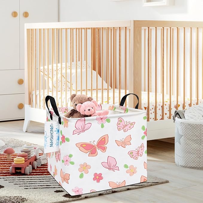 LANGYASHAN Square Storage Baskets Waterproof Canvas Children Laundry Nursery Hamper for Shelves Gift Baskets Toy Organizer Room Decor (Square Pink Butterfly)