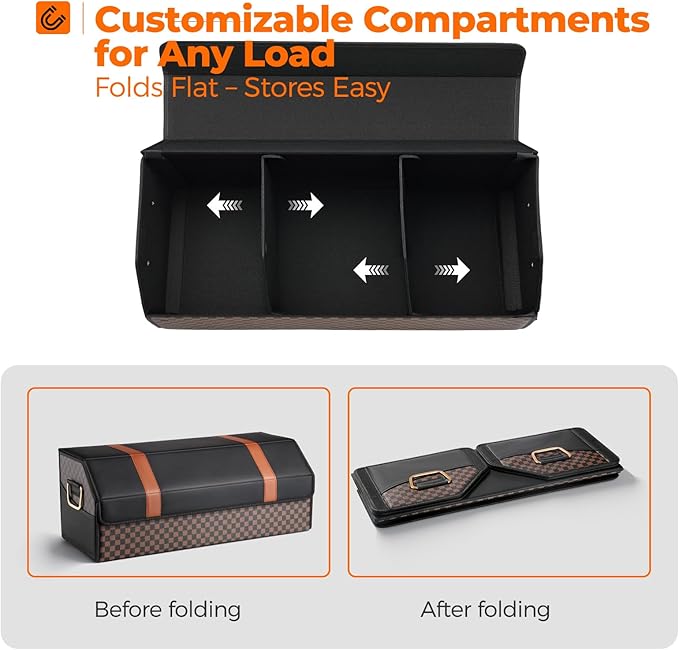 Car Organizers and Storage - Trunk Organizer for Suv Car,Car Trunk Leather Storage Box,Extra Large,Magnetic Lid,Collapsible and Adjustable