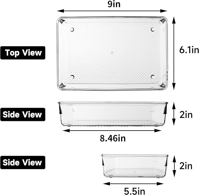 ihomecooker 3 Set Clear Plastic Junk Drawer Organizer Vanity Curlery Utensil Makeups Organizer for Kitchen 6" X9''
