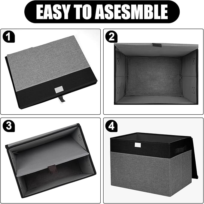 Large 42 Quarts Fabric Storage Bins with Lids [2-Pack] Linen Collapsible Foldable Storage Cubes, Closet Organizer Containers boxes with Handles for Home Office (16.7 x 12 x 12, Black & Gray)