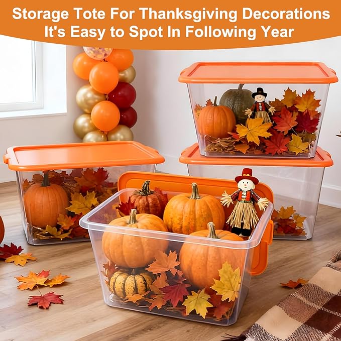 Storage Totes with Lids - Made in USA 14.5-Gallon (58-Quart) 4-Pack Orange Storage Bins with Lids Plastic Storage Containers Large Storage Boxes for Organizer Orange/Clear