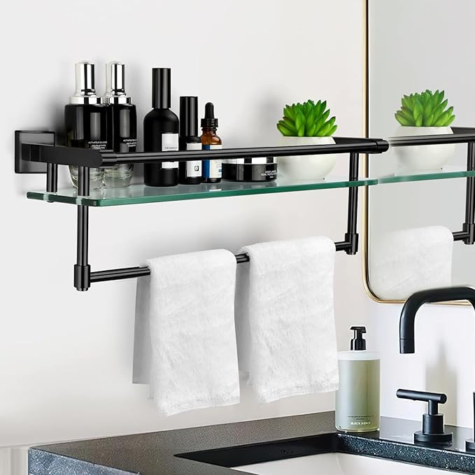 SFGSOWOR 20-inch Glass Shelf with Towel bar, Matte Black-Finished Rail, Rectangular Stainless Steel Shelf, Wall-Mounted Storage Rack