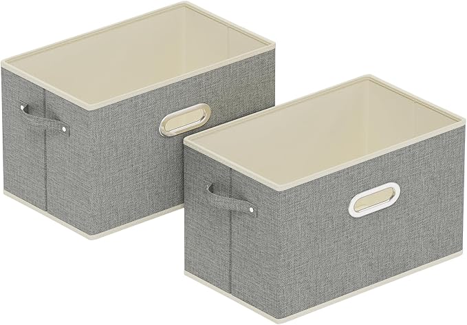 Fabric Open Storage Bins with Metal Handles, Collapsible Organizer Baskets, Foldable Cube Boxes for Shelves, Closet, Living Room, 15x9.8x9.8in, Grey, 2 Pack