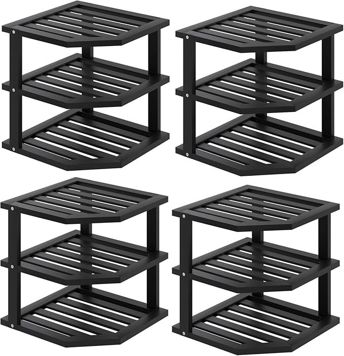 3 Tier Bamboo Corner Shelf(4 Pack),Dish Drying Rack,Plate Organizer,Kitchen Spice Rack for Countertop and Cabinet(Black)