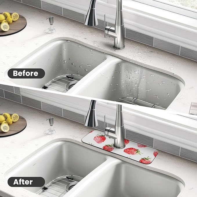 Faucet Draining Mat For Kitchen Sink, Watercolor Strawberries Diatom Mud Absorbent Drain Pad For Bathroom Kitchen Sink Splash Guard Drying Mat