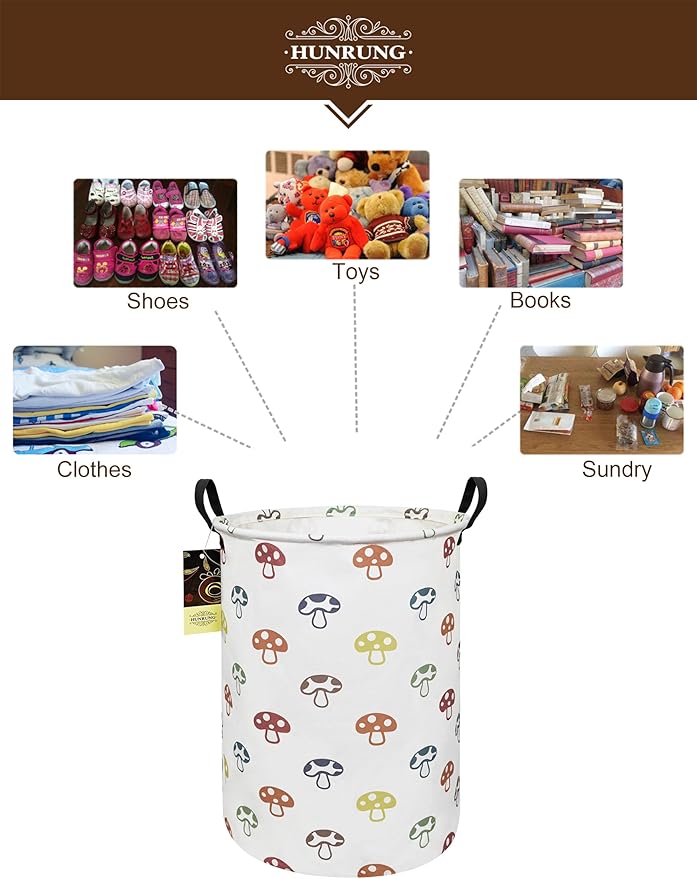 HUNRUNG Laundry Hamper,Large Canvas Fabric Lightweight Storage Basket Toy Organizer Dirty Clothes Collapsible Waterproof for College Dorms(Round-Color Mushroom)