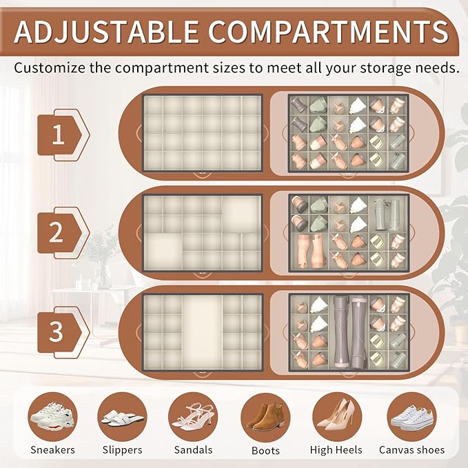 Shoe Organizer for Closet, Shoe Storage Organizer with Wheels and Adjustable Dividers, Stackable Shoe Storage Box with Clear Cover, Foldable Closet Shoe Organizer Fits up to 24-48 Pairs, Gray