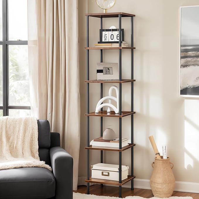 HOOBRO 6-Tier Corner Shelf, Corner Square Rack Display Shelf, Tall Storage Rack Plant Stand, Bookcase for Small Spaces, Living Room, Home Office, Kitchen, Rustic Brown and Black BF55CJ01