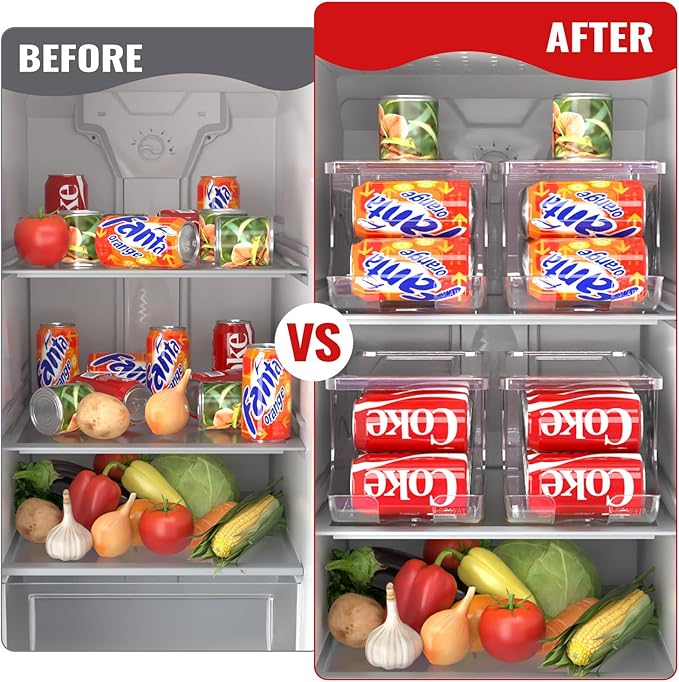 2 Pack Stackable Refrigerator Organizer, Soda Can Dispenser Pop Cans Container Beverage Holder with Lid for Fridge, Freezer, Kitchen, Clear Plastic Storage Bins-Holds 10 Cans Each
