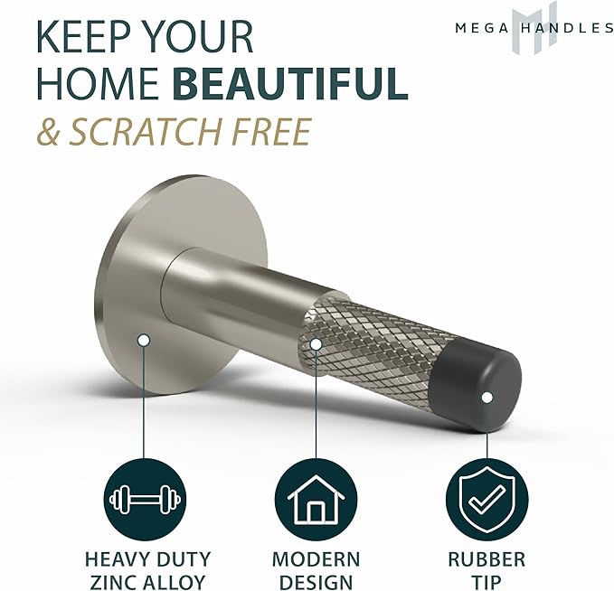 Mega Handles Knurled Baseboard Door Stopper - Heavy Duty Door Stoppers for Bottom of Door, Zinc Alloy Door Stops with Rubber Tip - Satin Nickel