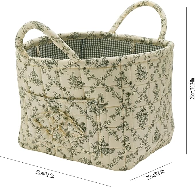 Quilted Fabric Storage Basket with Handles & Pocket, Foldable Laundry Hamper Boho Floral Print Organizer Bin for Home, Picnic, Office 12"x10"x10" (B-2)