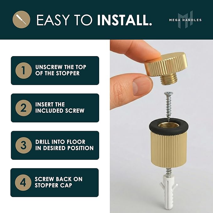 Mega Handles Linear Floor Door Stopper, Quickly Installed Wall Protector, Wall Protectors from Door Knobs, Floor Door Stop with Mounting Hardware Included - Satin Brass - 2 Inch