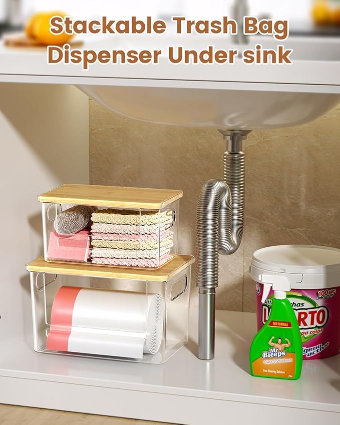 Trash Bag Dispenser 2 Pack, Stackable Trash Bag Holder with Bamboo Lid – Clear Plastic Garbage Bag Organizer for 4-33 Gal Bags, Space-Saving Under Sink Organizer for Kitchen, Laundry, Pantry