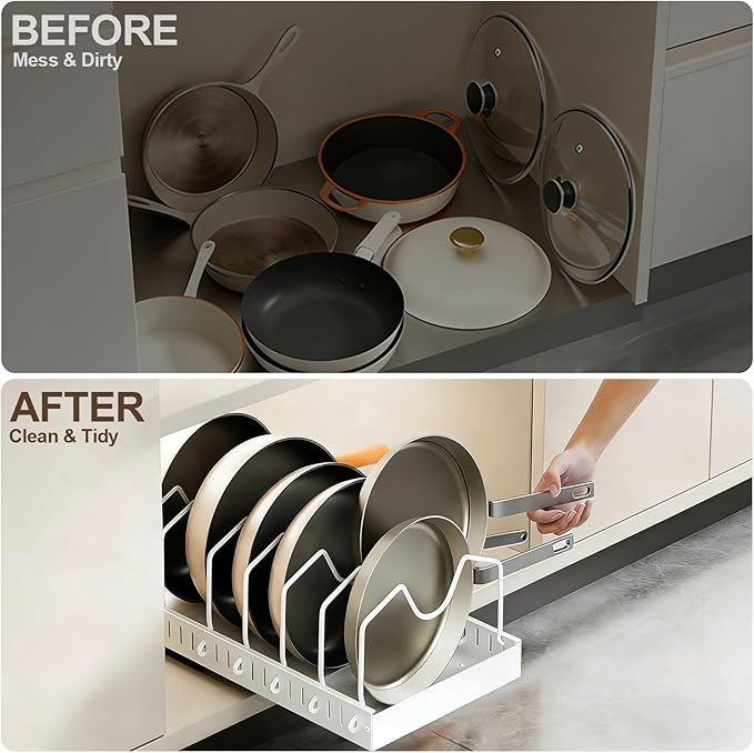 Pot and Pan Organizer under Cabinet Pull Out,Pot Lid Holder for Kitchen, Cookware Storage Rack with Slide Rails,Slide-out Drawer, White