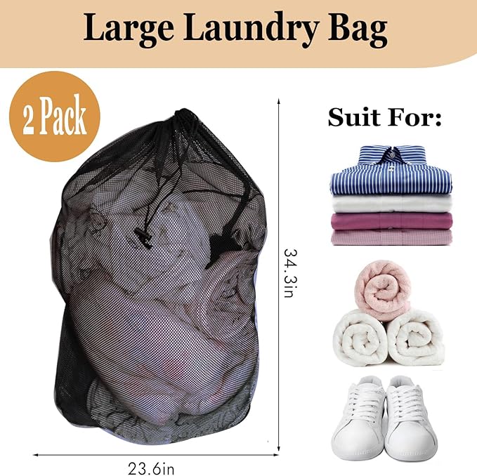 2 Pack Large Mesh Laundry Bags, Heavy Duty Mesh Laundry Bag 23 x 34 Inches, Laundry Drawstring Bag for College, Dorm, Travel, Family and Apartment Dwellers