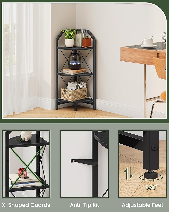 3-Tier Corner Shelf, Industrial Corner Bookshelf, 35.4" Storage Stand, Plant Stand Display Shelf, Bookcase for Bedroom, Living Room, Home Office, Black TCJ03BB ﻿