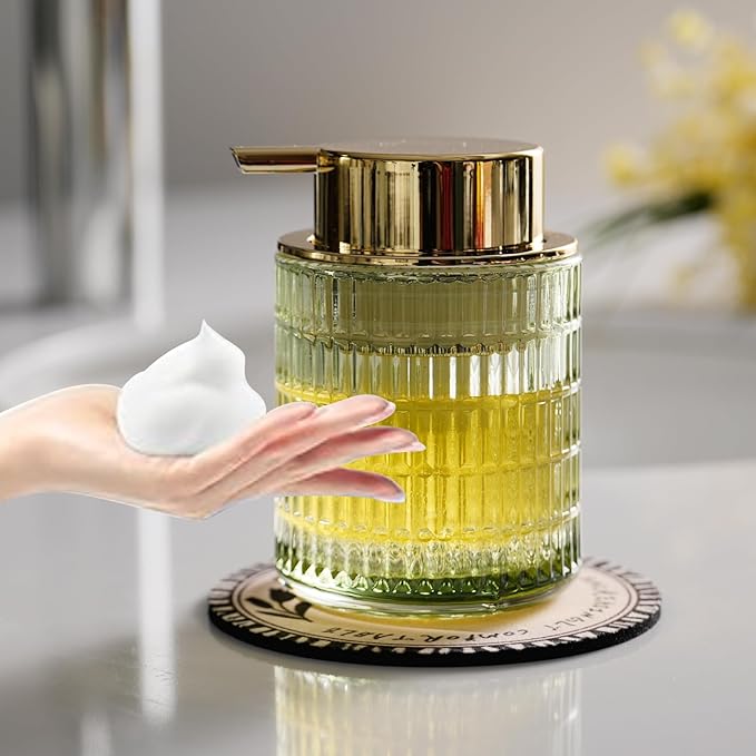 Glass Foam Soap Dispenser for Kitchen & Bathroom, Refillable Lotion Dispenser with Large Gold Pump(Striped Pattern-Green)