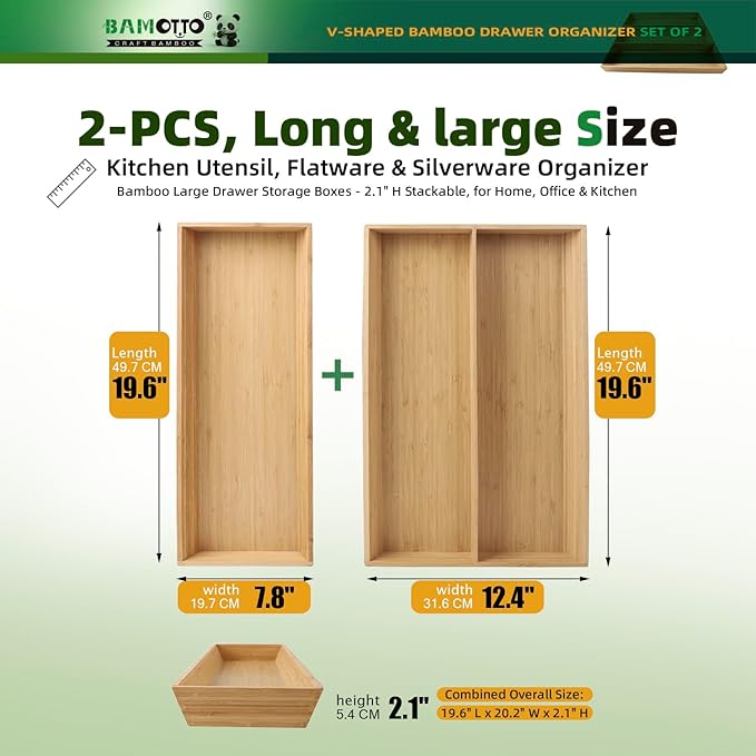 V-Shaped 2-Pack 19.6" Long Bamboo Drawer Organizer Box - Easy Reach Kitchen Utensil Flatware Silverware Cooking Tools Storage for Home Bedroom Bathroom (19.6"x12.4"/19.6"x7.8")