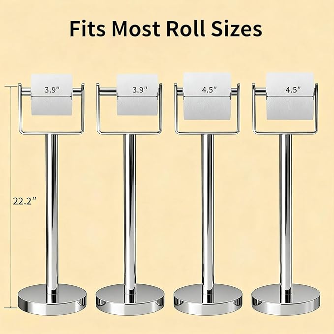 YUMORE Toilet Paper Holder Free Standing, Stainless Steel Toilet Paper Stand, Weighted Base Floor Tissue Roll Holder for Bathroom, Chrome 200UP