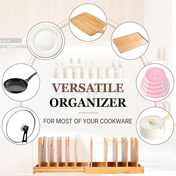 Bamboo Pot Lid Organizer, Pots and Pans Organizer Inside Cabinet, Pot Lids holder for Kitchen Countertop