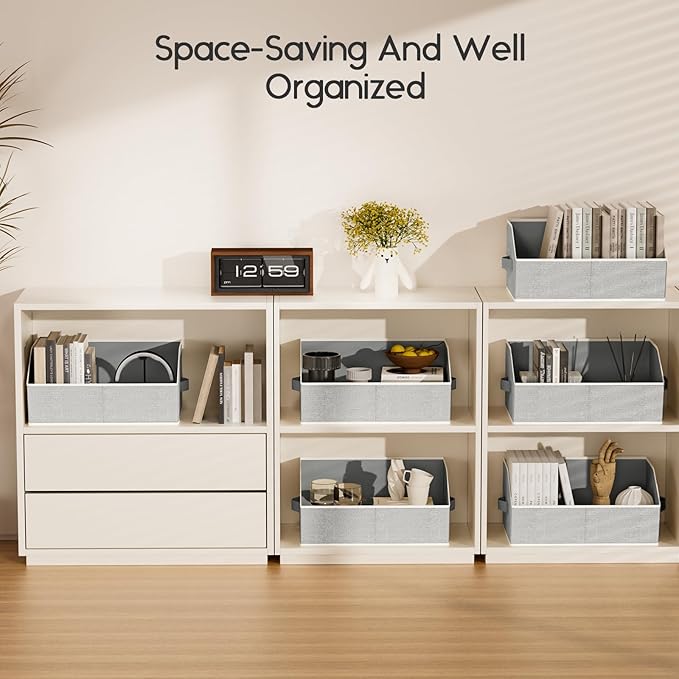 Large Closet Organizers and Storage Bins - 8 Pack Trapezoid Storage Baskets for Shelves, Foldable Fabric Baskets with Handles Ideal for Closet, Basket, Wardrobe and Shelf Storage, Light Grey