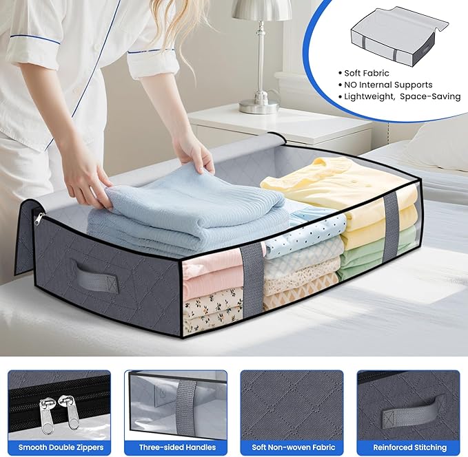 Under Bed Storage Containers, 2 Pack Blanket Storage Bags, Collapsible Storage Bags with Big Zippers, Clear Front, Shoe Storage and Organization for Clothes, Comforter, 60L, Grey