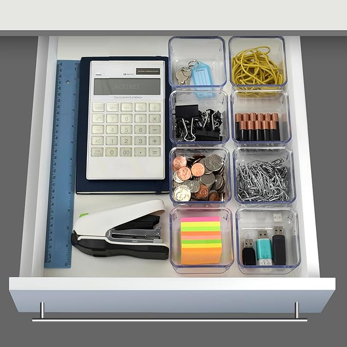 Acrimet Drawer Organizer Modular, Box Tray Storage Bins for Office, Home, Makeup, Kitchen, Junk Drawer (8 Pieces) (Clear Crystal Plastic)
