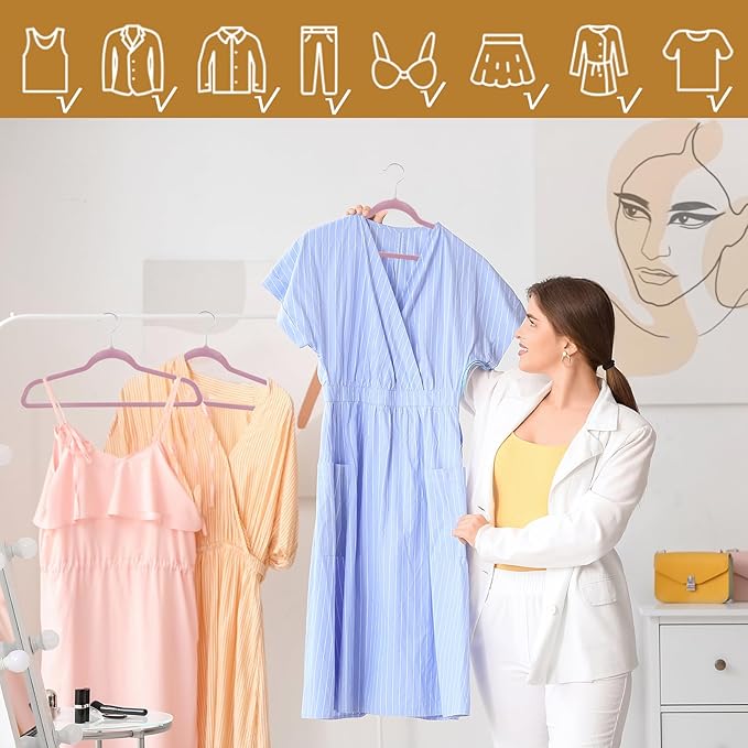 SUPER DEAL Velvet Hangers 100 Pack, Premium Clothes Hanger Slim Non-Slip Notched for Suit Coat Pants Dress, 360 Degree Swivel Space Saving Heavy Duty for Closet, Pink