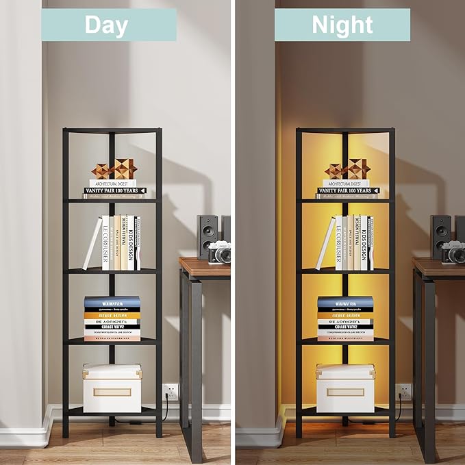 TUTOTAK Corner Shelf with LED Light, 5-Tier Corner Bookshelf for Small Space, Narrow Display Corner Shelf Stand with Storage Rack, for Living Room, Bedroom, Black BS05BK005L