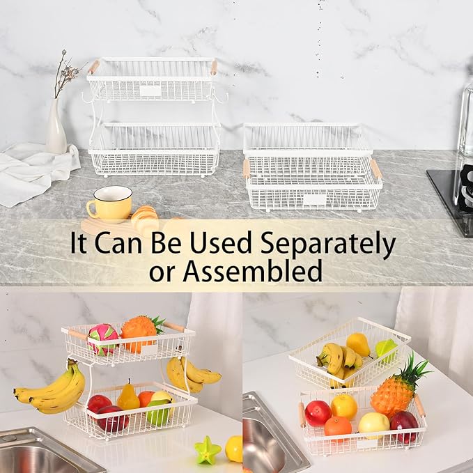 2 Tier Detachable Fruit Basket Bowl with 2 Banana Hangers, Fruit Stand Holder for Kitchen Countertop, Metal Wire Vegetable Storage Organizer, for Bread Snack Veggies Produce, White