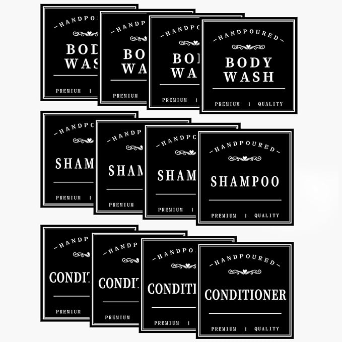 12PCS Bathroom Labels for Soap Dispenser, Removable Bathroom Organization Labels, Waterproof Bottle Labels for Shampoo Conditioner Body Wash (Black)