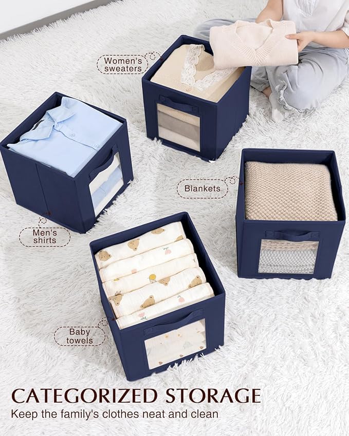 Storage Cube 11 Inch - Cube Storage Bins with Window, Closet Storage Baskets with Handle, Fabric Bins for Closet, Shelves, Toys, Clothes, Set of 10, Navy Blue